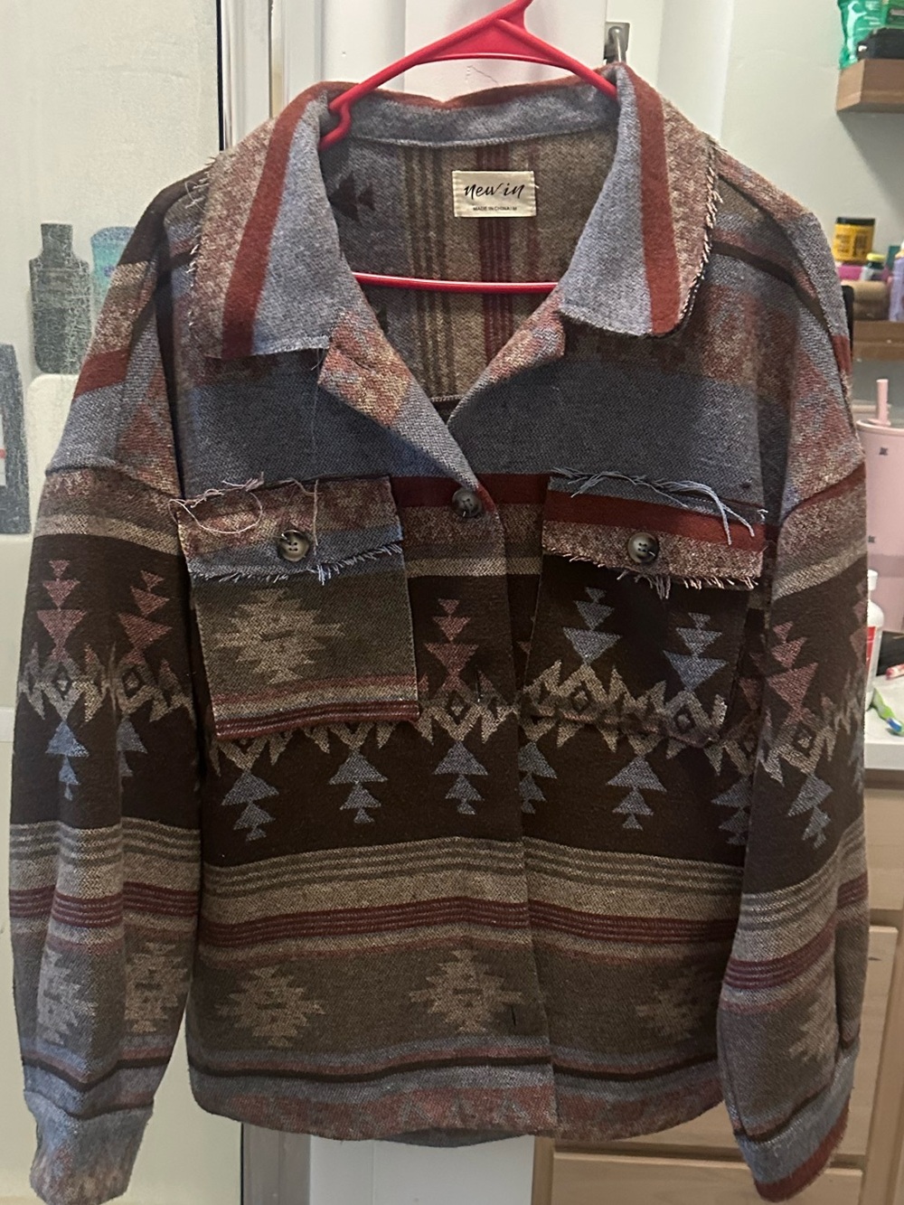 New In Aztec-Pattern Jean Shacket in Brown Multicolor